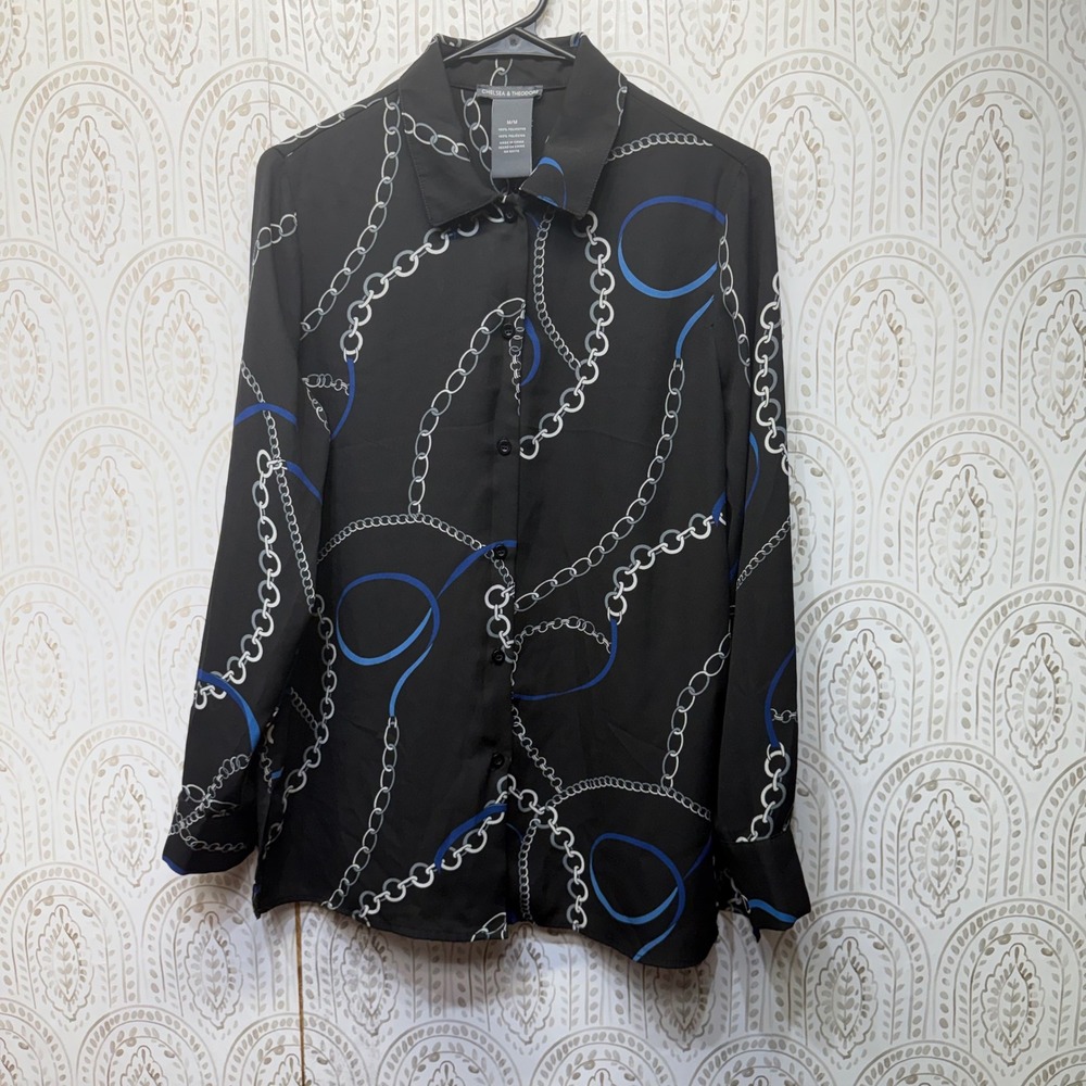 Chelsea & Theodore Button Up Blouse Womens Medium Black Chain Print Long Sleeve